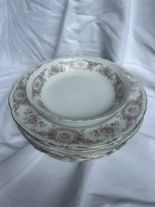 Style House POMPADOUR Pink Floral Scroll Silver Rim 10.5" Dinner Plates VTG - Picture 1 of 8