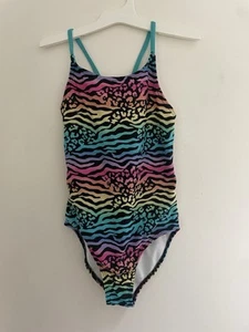 OP Kids Girls Rainbow Leopard Print Cross Strap Lined 1-Piece Swimsuit Multi 8-9 - Picture 1 of 6