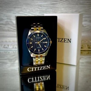 NEW Citizen Quartz 2-Tone Silver Gold Steel Date Blue Dial Men Watch BI5054-53L - Picture 1 of 6