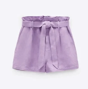 Zara Size XL Lavender Purple Paper-Bag Belted Ruffled Linen Women’s Shorts NWT - Picture 1 of 6