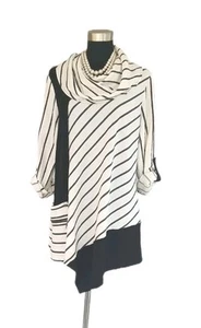Ali Miles Top M White Black Cowl Neck Roll Tab Sleeves Uneven Hem Women's Tunic - Picture 1 of 6
