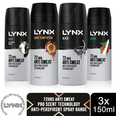 Lynx 72H Anti Sweat Body Spray, Africa, Gold, Black or Dark Temptation, 3x150ml