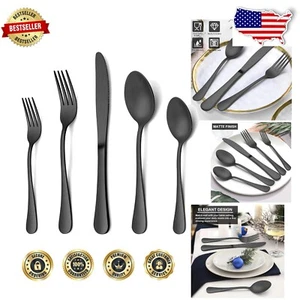 Satin Finish Matte Black Silverware Set - 60-Piece Cutlery for Stylish Occasions - Picture 1 of 9