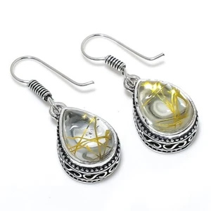 Rutilated Quartz Gemstone Handmade 925 Sterling Silver Jewelry Earrings Sz 1.20" - Picture 1 of 1