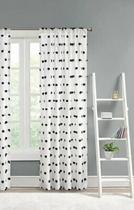 Ashley Pom-Pom Embellished Sheer Window Curtain Panel Black White Dot 84"Lx50"W - Picture 1 of 7