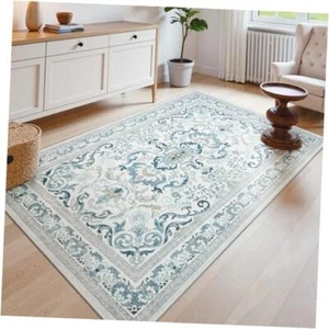 3x5 Washable Rugs Rug for Bedroom Soft Vintage Floral Bathroom Rug, 3'x5' Blue - Picture 1 of 8
