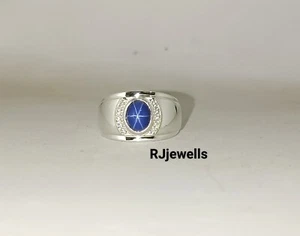 925 Silver Blue Lindy Star Ring For Men's Gift For Husband Lab Created 6 Rays - Picture 1 of 8