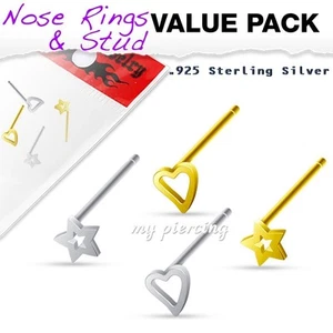 4 Pcs Value Pack of Assorted Sterling Silver Bendable 3mm Star & Heart Nose ring - Picture 1 of 2