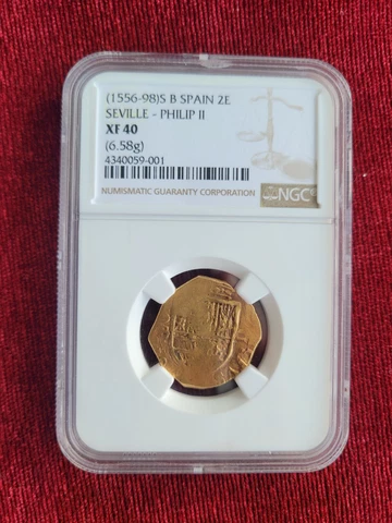 1556-1598 Seville Cob 2 Escudo Gold Coin. NGC XF 40. Pirate Treasure Cover