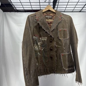 RAW Leather Jacket Womens M Brown Distressed Frayed Patched Appliqué Buttons - Picture 1 of 3