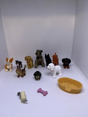 dollhouse miniature dogs  x 10 various breeds plastic 3 accessories preowned - Image 1 of 4