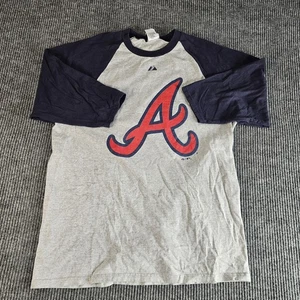 Atlanta Braves camicia uomo XL grigio navy MLB baseball raglan maglietta manica 3/4 - Foto 1 di 10