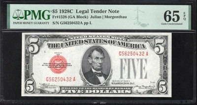 1928-C $5 LEGAL TENDER NOTE PMG 65 EPQ Fr 1528 RED SEAL BILL - Image 1 of 2