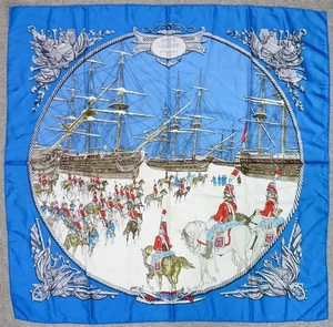 Authentic HERMES "MARINE ET CAVALERIE" Blue 100% Silk Scarf #61669 - Picture 1 of 11