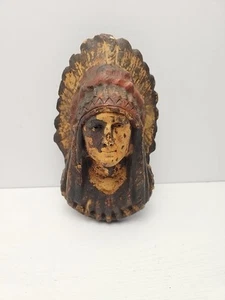Antik 20er Jahre Indianer Häuptling Gips Kreidegeschirr Streichholz Safe Wandtasche - Bild 1 von 10