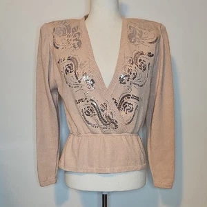 Vintage 80er St. John by Marie grau Pailletten Strick Schößchen Pullover Top Gr. 6 - Bild 1 von 12