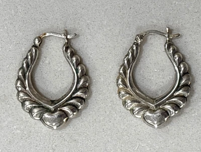 Vintage Signed Silpada Sterling 925 Charming  Heart Hoop Earrings Pierced- 1" - Image 1 of 4