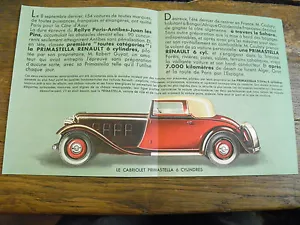 document publicitaire sur le cabriolet primastella 6 cylindres de renault - Foto 1 di 1