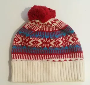 New Abercrombie & Fitch Beanie Winter Knit Angora Wool Womens Red Cream Aqua Hat - Picture 1 of 3
