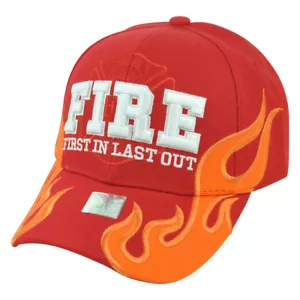 Fire Department Dept Firefighters First In Last Out Flames Red Hat Cap - Picture 1 of 2