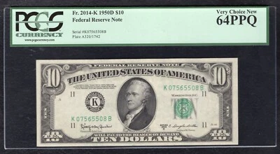 FR. 2014-K 1950-D $10 FRN FEDERAL RESERVE NOTE DALLAS, TX PCGS UNC-64PPQ (C) - Image 1 of 2