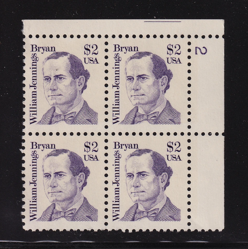 1986 William Jennings Bryan $2 Sc 2195 MNH plate block plate number 2 UR Typical - Image 1 of 1