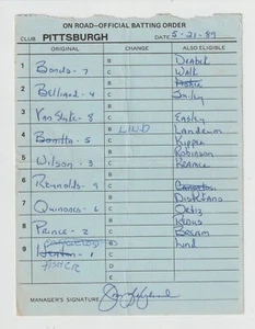 7-21-89 Pittsburgh Pirates - Game Used Lineup Card - Barry Bonds & Jim Leyland - Picture 1 of 1