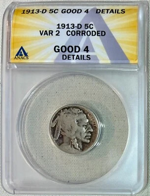1913-D Type 2 Buffalo Nickel, ANACS G-4 Details, Corroded, Key Date Low Mintage! - Image 1 of 2