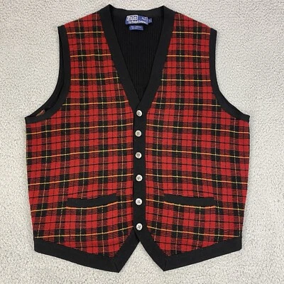 Vtg Polo Ralph Lauren Vest Large Red Buffalo Plaid Sweater Cardigan Lambswool - Image 1 of 4