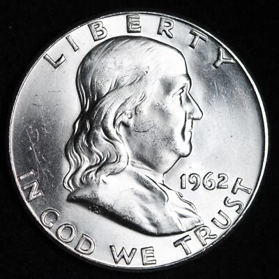 GEM BU UNCIRCULATED UNC MS 1962 SILVER  FRANKLIN HALF DOLLAR BRILLIANT LUSTER - Image 1 of 2