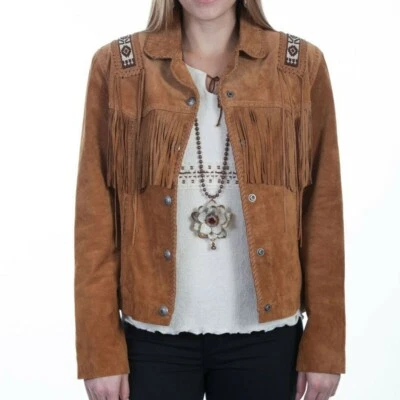 Women American Native Western Suede Leather Jacket Fringed - Brown - Image 1 of 4