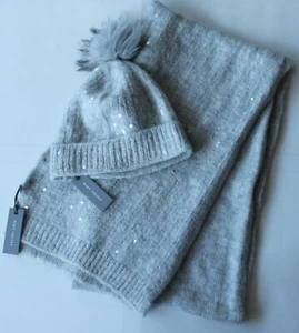 Gris Como Nuevo Terciopelo Mezcla Lana Lana Pañuelo Lentejuelas y Sombrero Pom A Juego - Talla Única - Nuevo - Imagen 1 de 4