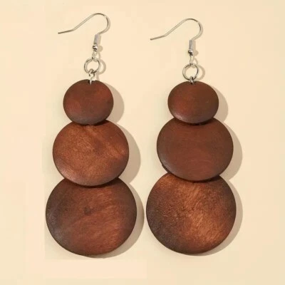 Women Retro Elegant Brown 3 Circle Design Dangle Earrings Wooden Jewelry Trendy - Image 1 of 3