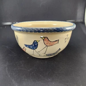Large Clay Pottery Mixing Bowl Hand Painted Birds Blue Spongeware Lip 12" x 6" - Picture 1 of 7