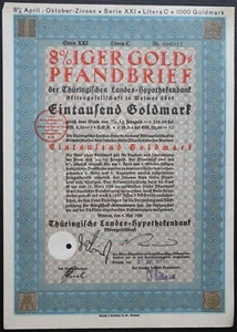 1000 Goldmark 1930 - WEIMAR / Germany Loan Bond - Series: 006912 - "W143" - Picture 1 of 4