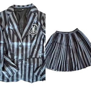 Women's Wednesday Costume Adult Academy Uniform Black Grey Striped Jacket Skirt - Picture 1 of 6