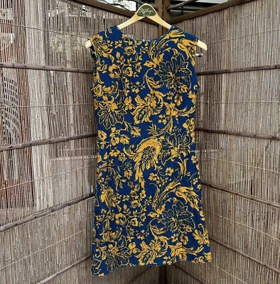 Винтажный 50-х / 60-х синий и бархатистая парча цветочный безрукавка платье, M (8 - 10) - Изображение 1 из 4