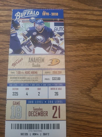 Buffalo Sabres Anaheim Ducks Ticket Stub 12/21/2010 Dominik Hasek Cover