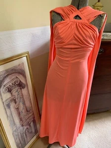 Vintage 1970s Peachy Pink Adjustable Flowy Scarf Wrap Gown Size 6 Dessy NY - Picture 1 of 16