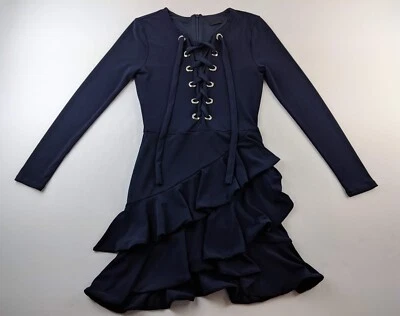 NBD Revolve Naomi Mini Dress XS Navy Blue Lace Up Front Tiered Ruffle Faux Wrap - Image 1 of 4