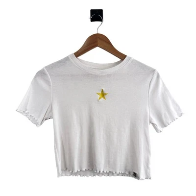 Camiseta Lucy & Yak Talla S Top Recortado Bordado Estrella Dorada Lechuga Dobladillo Blanco Foto 1 de 4