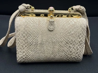 Judith Leiber Snakeskin Embossed-Suede Gold Trim Purse Pink Top Jeweled w/Tag - Image 1 of 4