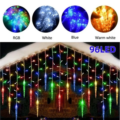 96 LED Icicle Falling Rain Window Fairy String Light Ice Pendant Lamp In/Outdoor - Image 1 of 4