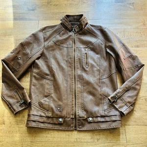 Dixon Men's Leather Jacket Size L Copper Brown Moto Mock Neck Zipped Pockets - Picture 1 of 7