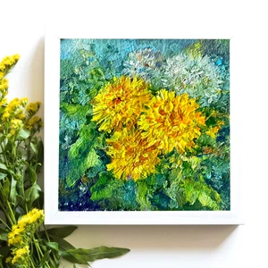 Pusteblumen gelbe Frühlingsblumen Original Ölgemälde gerahmt 4inx4in so - Bild 1 von 10