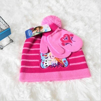 Disney Frozen Beanie Mittens Set Toddler Pink Pom Pom Elsa Anna Olaf Winter Hat - Image 1 of 4