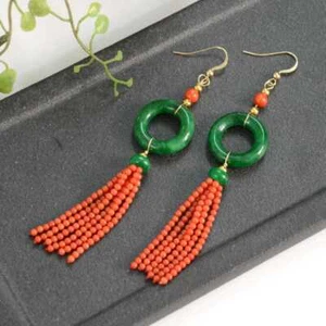 Natural Green jade Red coral beads Circle fringe Earrings FOOL'S DAY - Picture 1 of 11