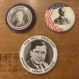 3 POLITICAL PINS - ROOSEVELT, COOLIDGE & WILLKIE REPRODUCTIONS - Picture 1 of 2