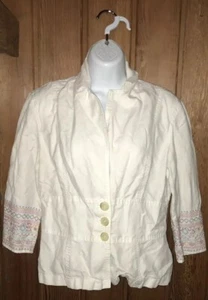 J.Jill Women’s Size 6 White Embroided Sleeve Caps Three Button Jacket - Picture 1 of 5
