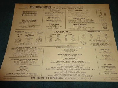 1967 PONTIAC TEMPEST 326 V-8 ENGINE SUN TUNE-UP CHART / WITH 4BBL CARB - Image 1 of 2